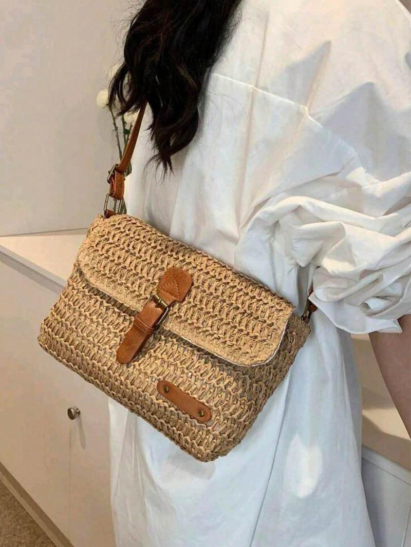 Women's Fashionable Straw Bag, Textured Shoulder Bag, Casual Stylish Crossbody Bags for Daily Used, Trendy All-match Sling Purse Commuter Bag