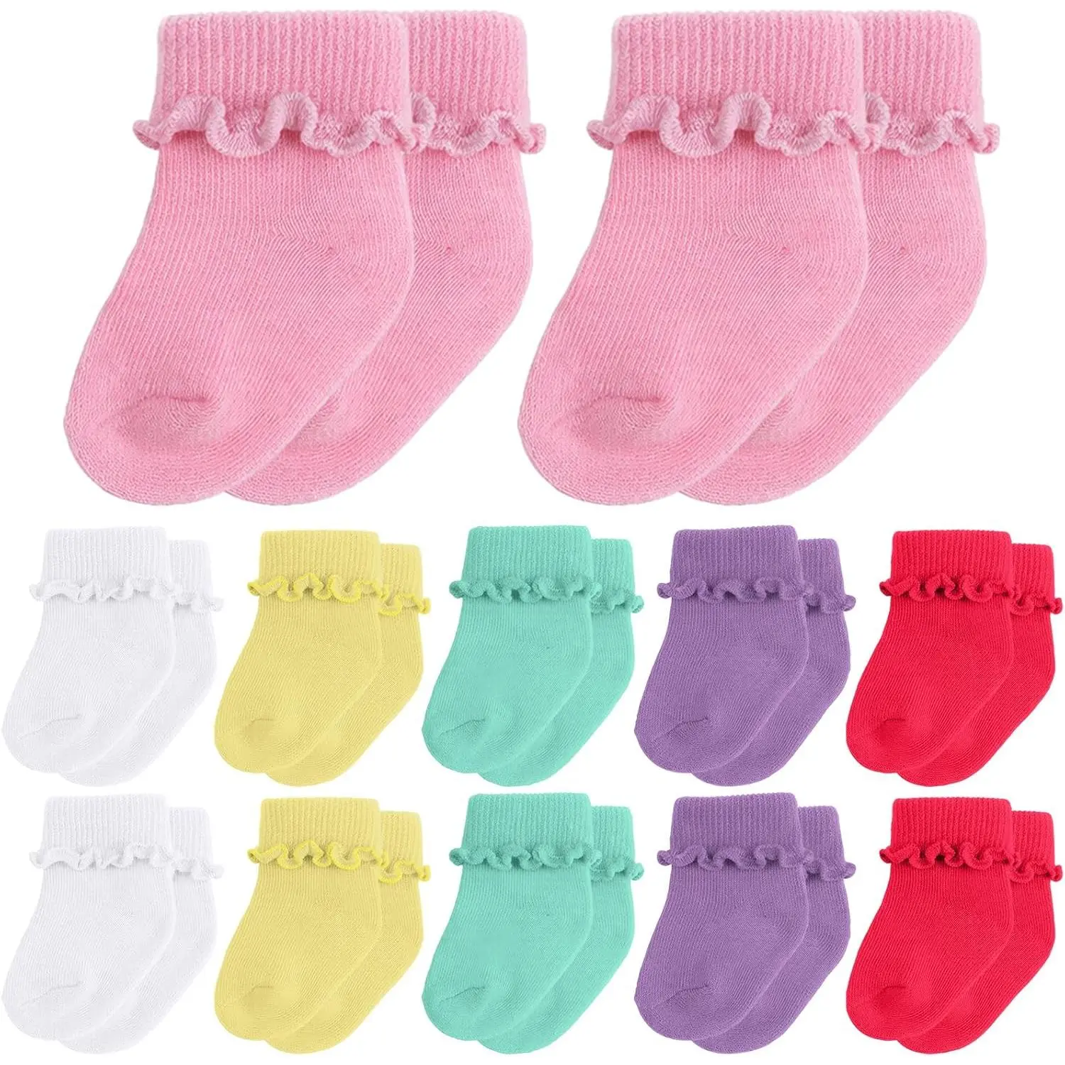 Baby Preemie Newborn Small Size Socks, 12-Pair Pack, Breathable Stretchy Fit, Safe Materials, Turn Cuff