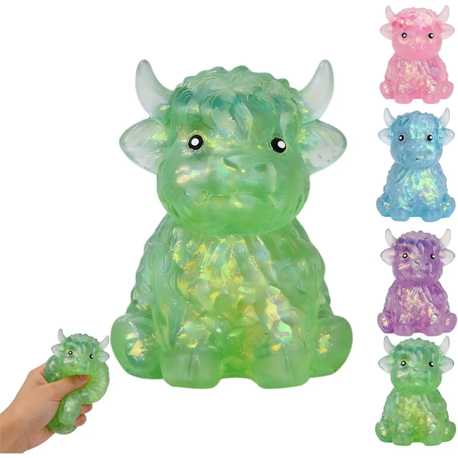 Glitter Highland Cow Squishies – Slow-Rising Stress Relief Fidget, Cute Cow Squeezable Stress Balls for Adults, Highland Cow Stress Toy (Green)