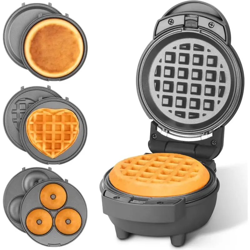 4-in-1 Multi-Functional Compact Waffle Maker - Lightweight, Portable, Washable Removable Plates, Assorted Inserts (Pancake, Donut, Heart Shape), Included Recipe, Graphite Finish - First Apartment, Smaller Kitchen Kitchenware Bakeware Baking Tins & Molds,