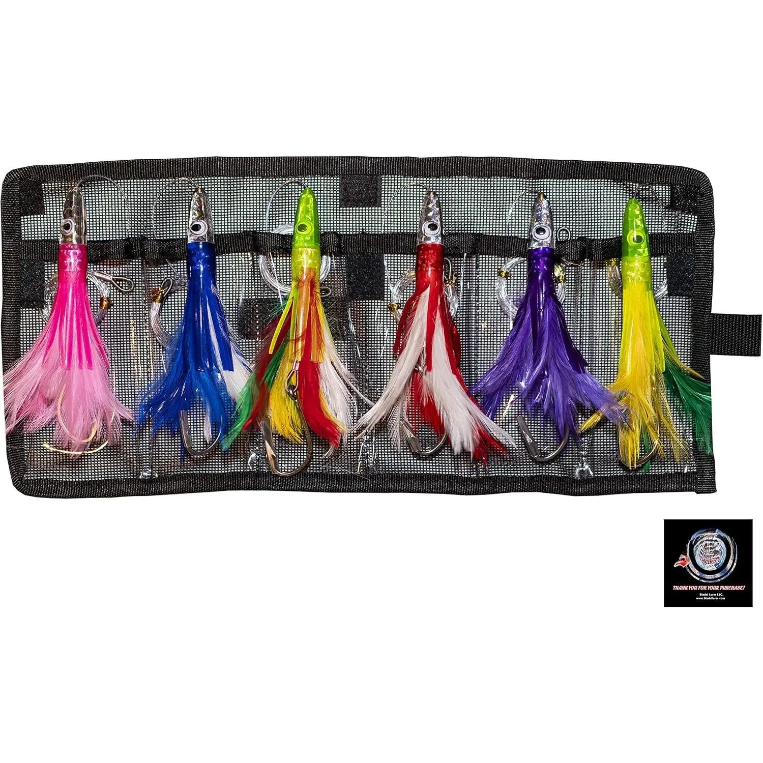 Set of 6 Tuna Flasher , Rigged with 150 lb Leader and  to Go! with Black Mesh Bag