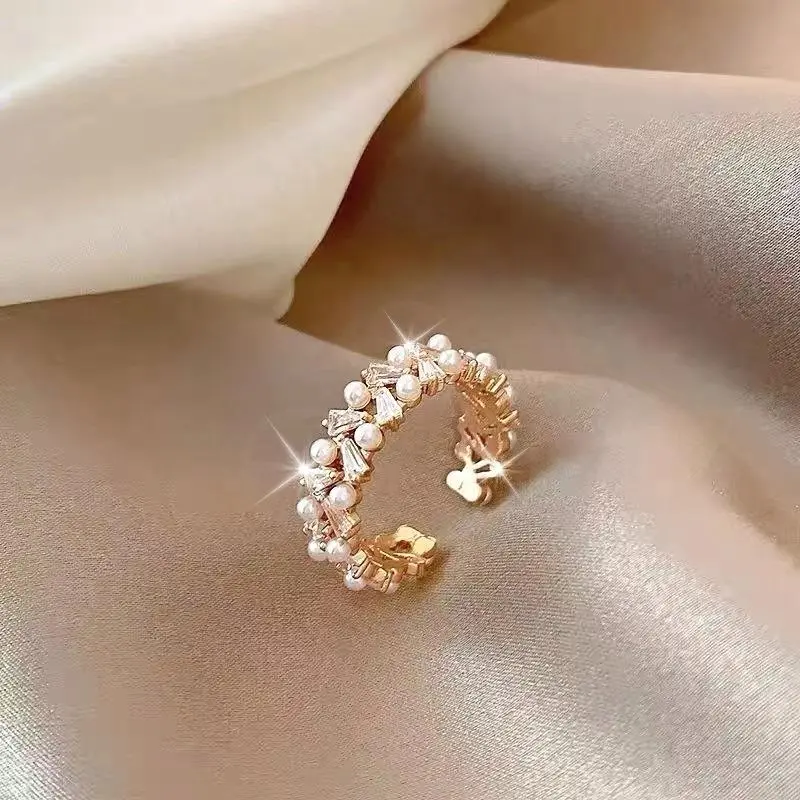 1pc Micro-Set Openwork Double Row Imitation Pearl Niche Design High-End Fashion Ring for Women