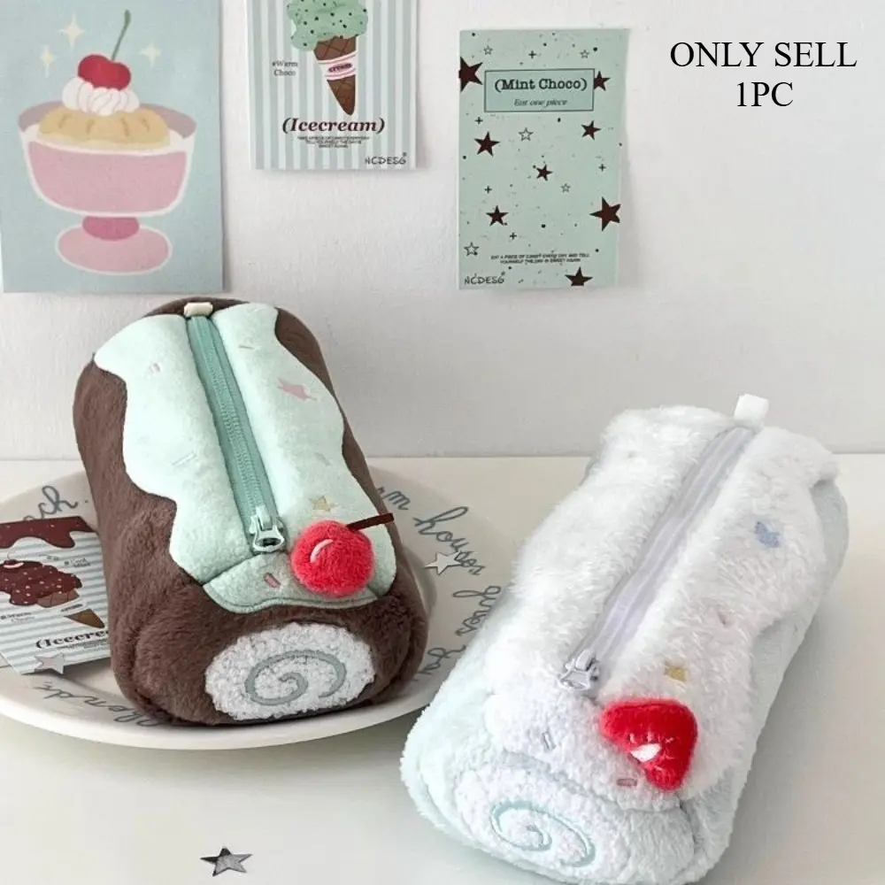 Kawaii Dessert Cake Roll Plush Pencil Bag Large Capacity Soft Fluffy Stationery Pouch Cute Cherry Strawberry Decor for Student School Supply