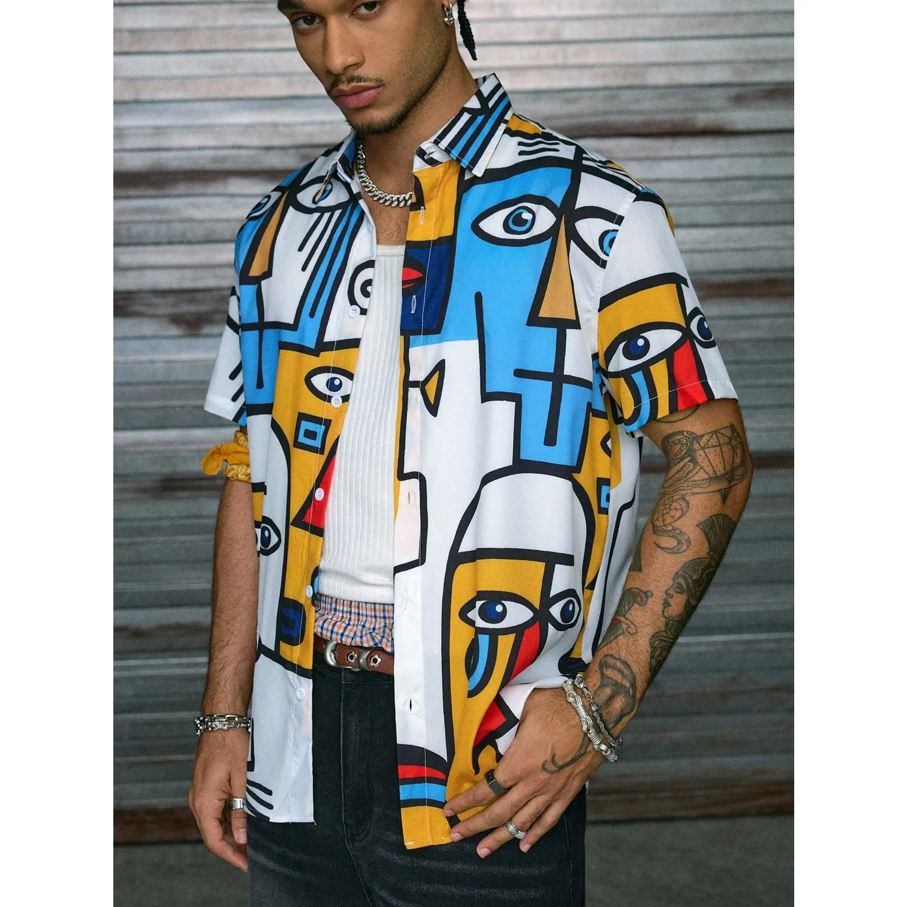 Allover Printed Button Front Collar Hawaii Short Sleeve Colorblock Shirt