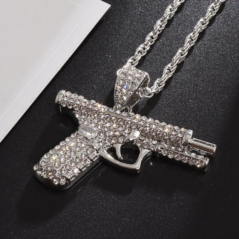 Bling Iced-Out Pistol Pendant Necklace for Men, Hip Hop Street Style Jewelry, Rhinestone Inlay Statement Accessory