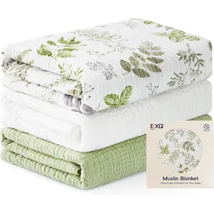Home Muslin Swaddle Blankets for Baby, 3 Pack Cotton Breathable Soft Receiving Blankets for Newborn Boys and Girls, Baby Essentials & Gift, 38x40 inches(Green Leaves)