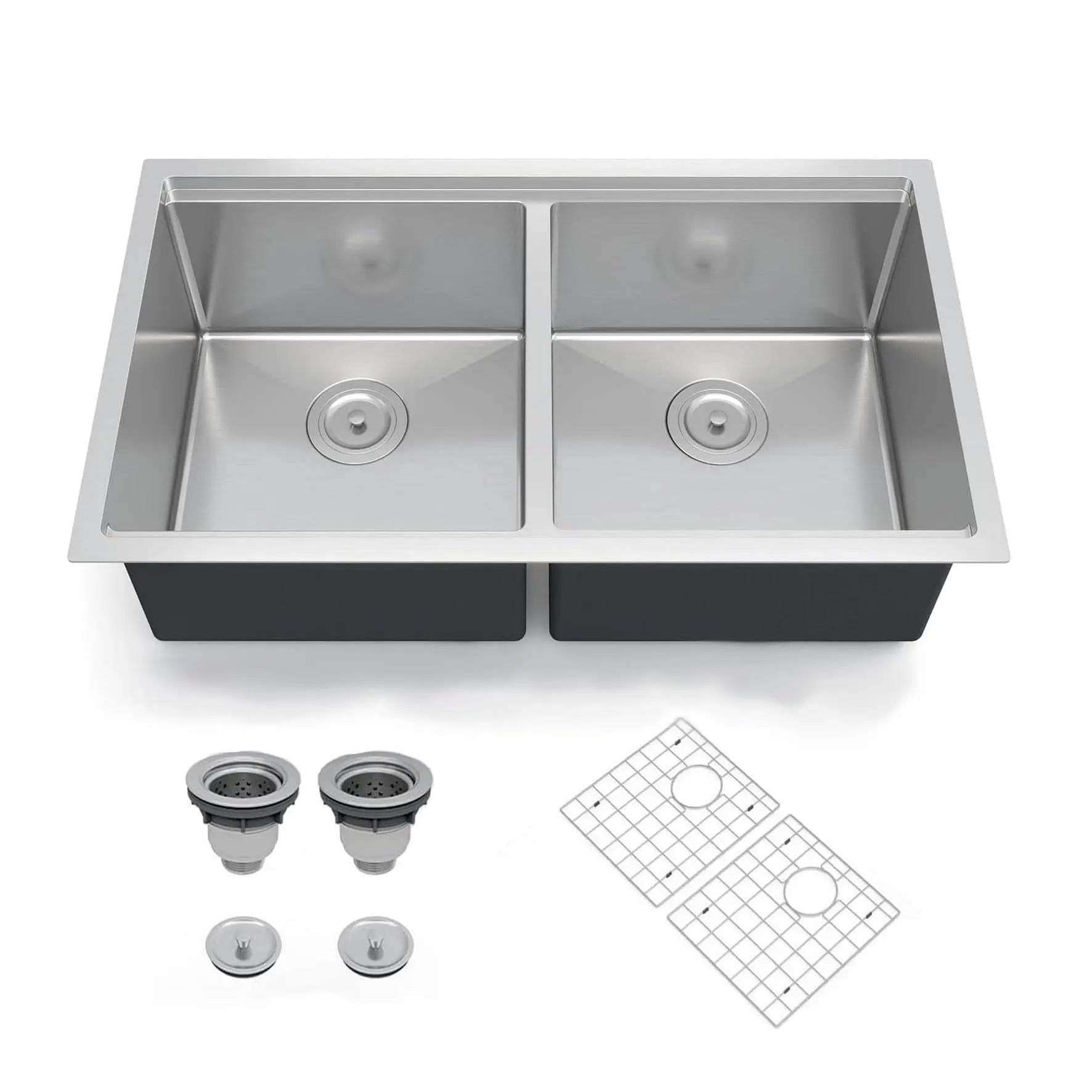 Garvee Kitchen Sinks,33×19×10 inch Double Bowl Undermount Workstation Kitchen Sink – 16 Gauge Stainless Steel, Brushed Finish, Deep Basin with Ledge, Bottom Grids & Drain Assembly Included