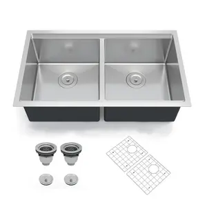 Garvee Kitchen Sinks,33×19×10 inch Double Bowl Undermount Workstation Kitchen Sink – 16 Gauge Stainless Steel, Brushed Finish, Deep Basin with Ledge, Bottom Grids & Drain Assembly Included