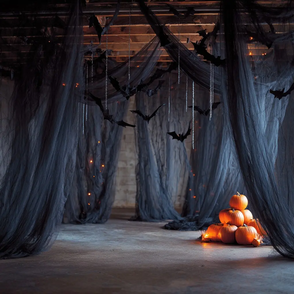 Halloween Luxury Chiffon Arch Drapery, Elegant 2D Mesh Curtain, Transparent Sheer Fabric, Gothic Ghost House Backdrop, Party Decorations