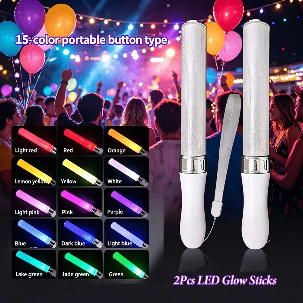 2 Pack LED Glow Sticks, 15 Color Changing Flash Lights, 3 Lighting Modes, Multicolor Bright Glow Wand for Party, Birthday, Festival, Outdoor Walking, Festival Party Supplies