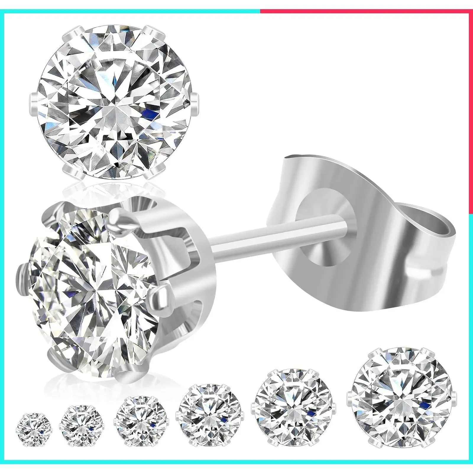 6 Pairs Stainless Steel Stud Earrings Set for Women Men, Silver Gold, 3-8mm Cubic Zirconia, 14K Gold Plated, Hypoallergenic Flat Back for Sensitive Ears, Jewelry Gift Idea
