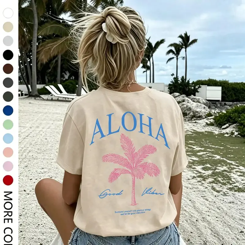 Women's ALOHA Tropical Palm Tree Print Vibe Casual Round Neck T-Shirt, Aesthetic Graphic Tee, Stylish Summer Wear for Daily Vacation Loose-Fitting Lightweight Thin Fabric Top, Womenswear, Everyday, Knitting