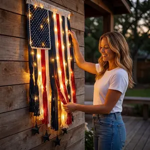 American Flag LED Wall Hanging with Tassels & Star Accents – Retro Bunting for Independence Day, Outdoor Garden Yard & Home Party Decor, Patriotic Illuminated Decoration for Patriot Lovers, USA Festive Vibe