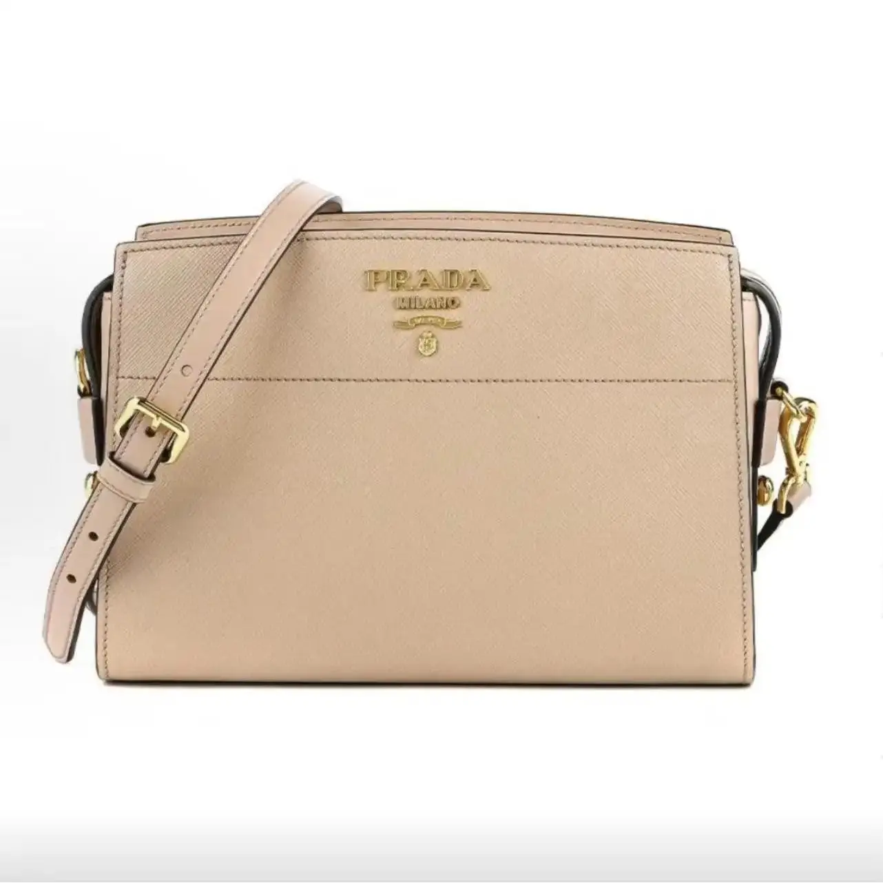 Pre-owned PRADA Small Camera Bag Saffiano Leather Beige Enamel Triangle Logo Shoulder Crossbody Bag