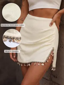 Women's Boho Short Skirt, Shell Star Fringe Trim, Split Pleated Beach Half Skirt, Island Vacation Versatile, All Seasons