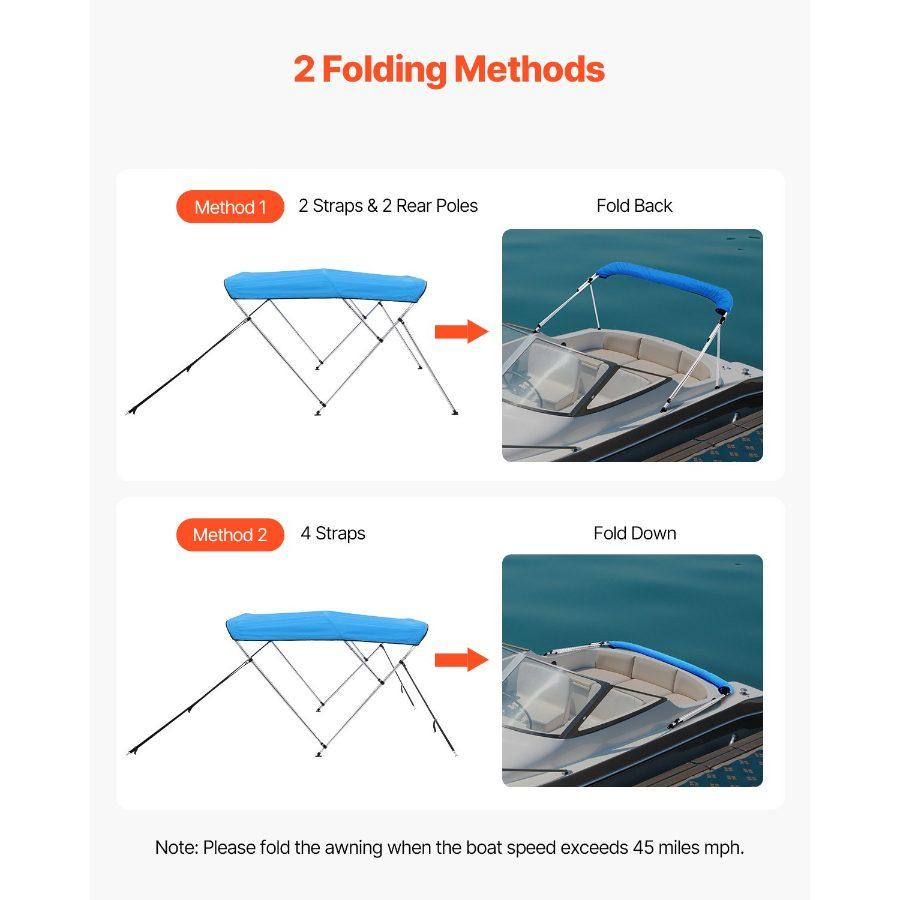 VEVOR 3 Bow Boat Bimini Tops, 600D Polyester Canopy with Aluminum Alloy Frame, Waterproof Sun Shade Boat Awning Canopy with Storage Bag, 2 Support Poles, 4 Straps, 6'Lx(54-60)Wx46H, Pacific Blue