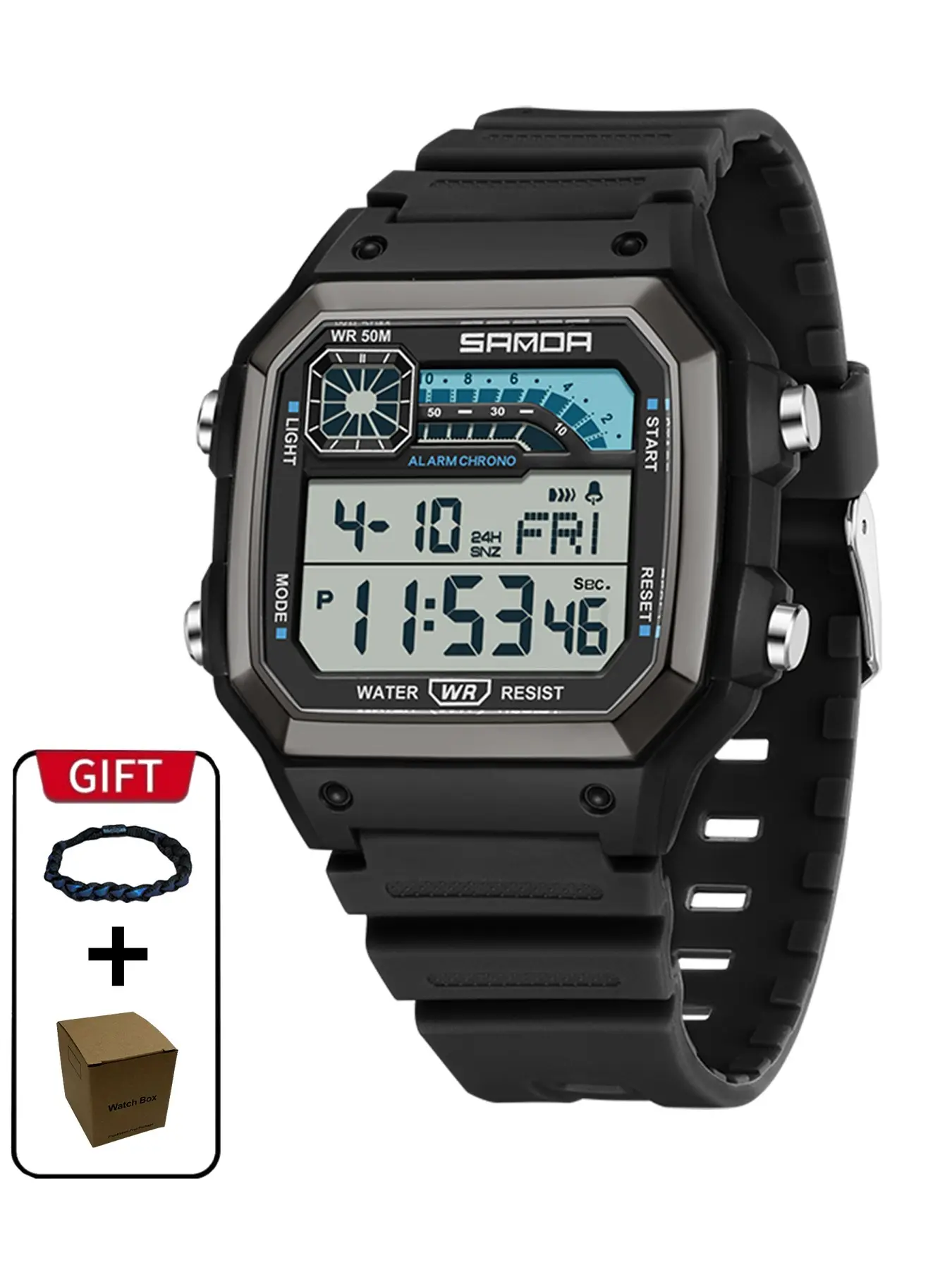 Sanda 6196 Retro Square Electronic Watch, Unisex Street Style, 50m Waterproof Fashionable Digital Watch, Night Light Display, Multi-Function Outdoor Sports Watch