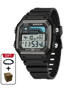 Sanda 6196 Retro Square Electronic Watch, Unisex Street Style, 50m Waterproof Digital Watch, Night Light Display, Multi-Function Outdoor Sports Watch