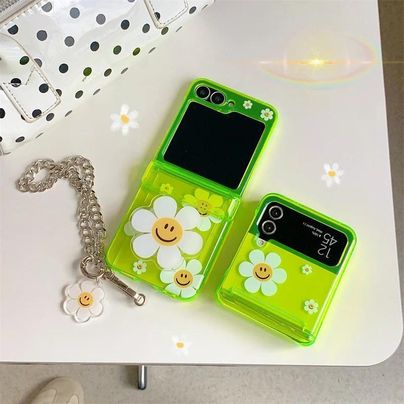 Phone Case For Samsung Galaxy Z Flip 7 FE 6 5 4 3 Fluorescent Green Insert Cards Cute Flower Stand Bracelet Shockproof Cover
