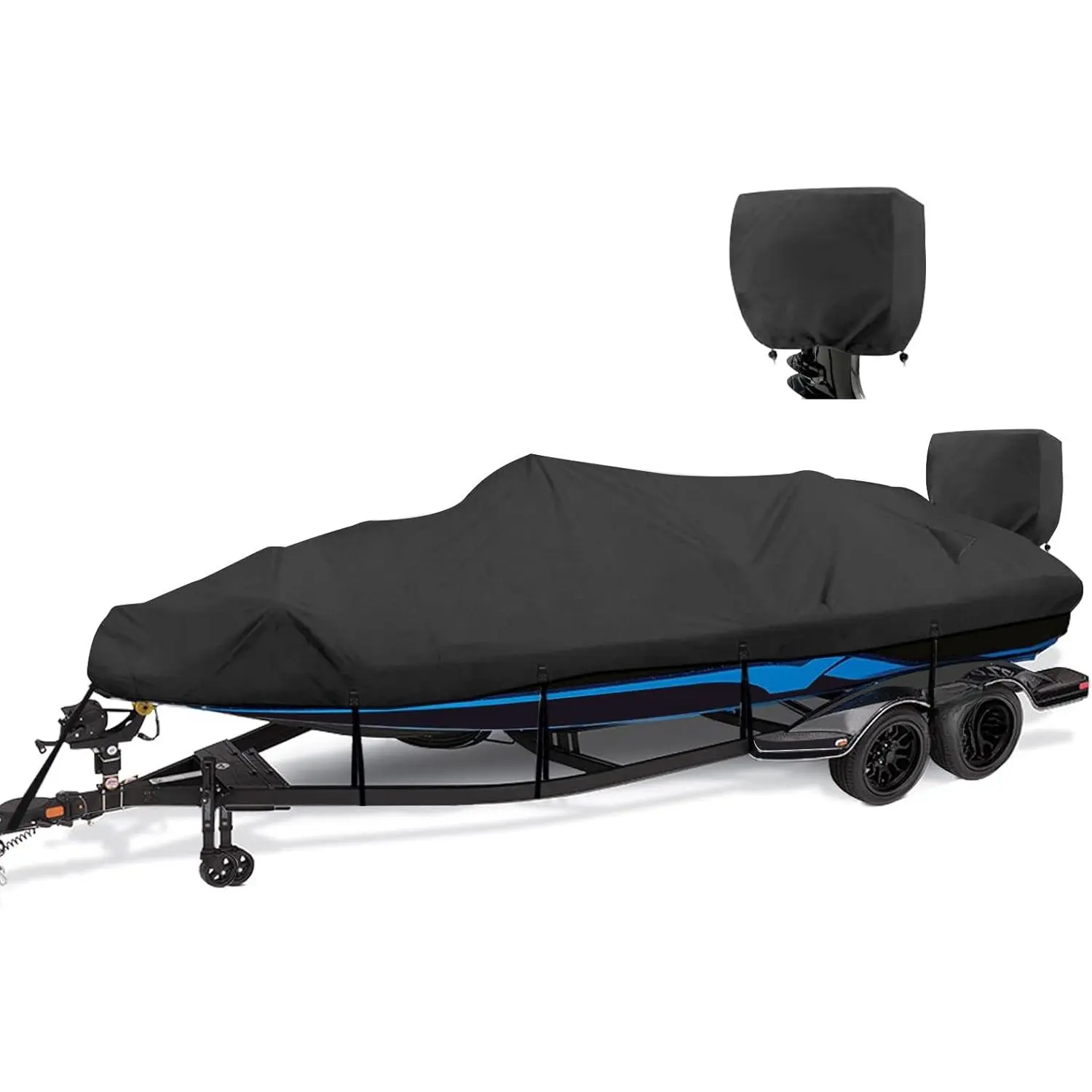 1200D Waterproof Boat Cover - 3-Layer PU Coating, Anti-UV Composite, Double Stitched, Adjustable & Detachable Straps - Fits 16'-18.5' Bass, V-Hull, Tri-Hull Vessels - Heavy Duty Black Canvas Boat Covers, Adjustable And Detachable Straps