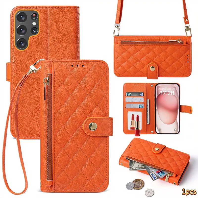 Samsung S26 Crossbody Phone Case, Leather Wallet Cover with Zipper, Card Slot Flip Case for S26/s25/s24fe/s23 Ultra