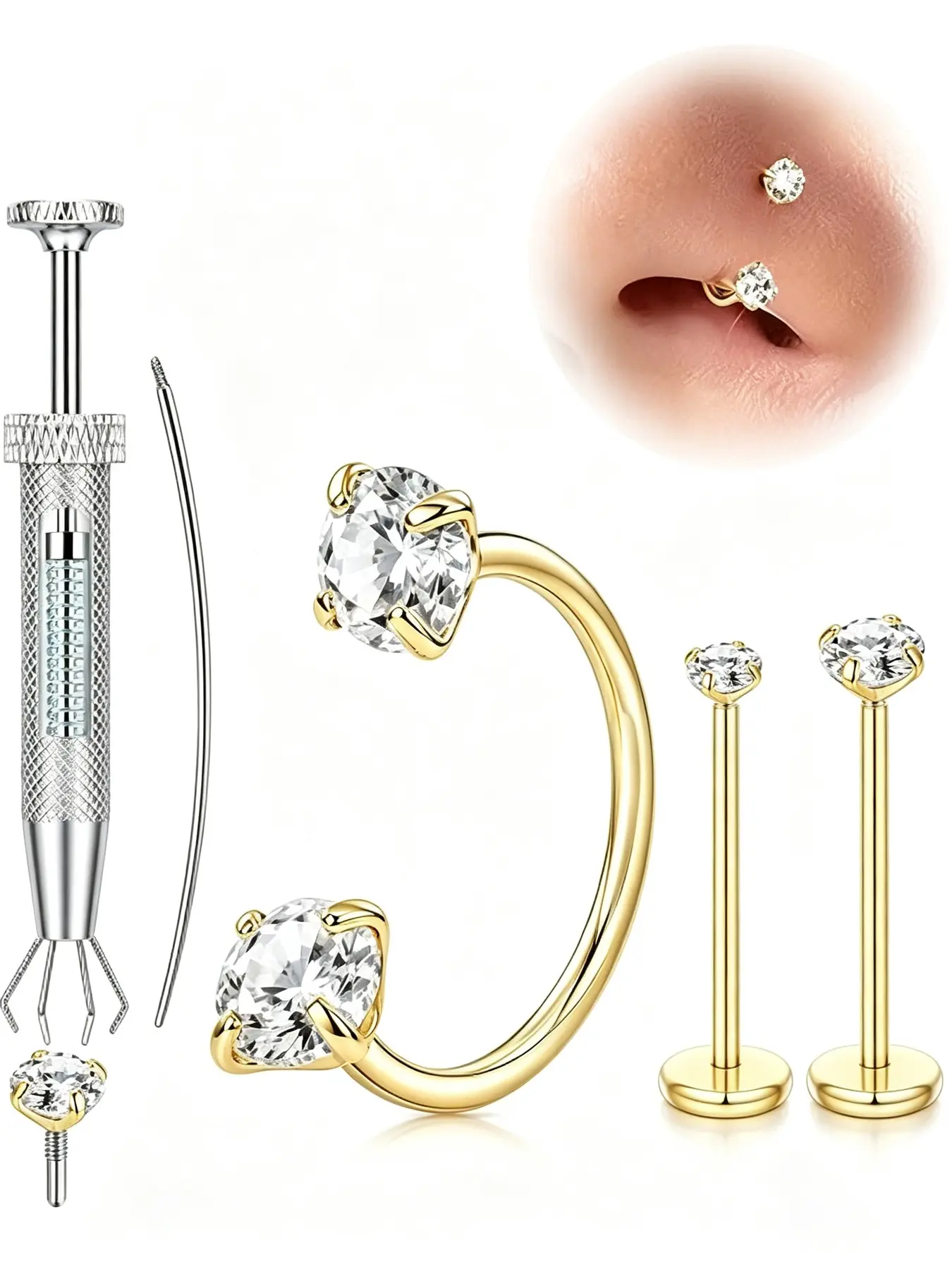 316L Surgical Steel CZ Nose Piercing Jewelry Set, Sustainable Reusable Horseshoe Nose Ring & Flat Back Nose Studs with Insertion Tools, Hypoallergenic Nostril Cartilage Septum Piercing Combo for Women, Nose Rings Studs