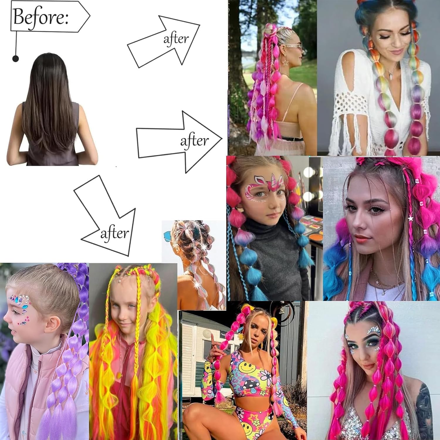 Colored Hair Extensions 24 Inch Lightweight Bubble Ponytail Extensions with Hair Tie 1pcs Colorful Hair Extensions for Women Crazy Hair Day Accessories Festival Party Rave (Black to Pink)