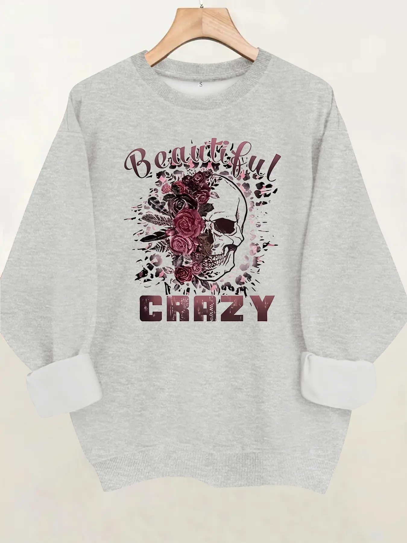 Women's Halloween Fleece Sweatshirt, Beautiful Crazy Rose Skull Print, Round Neck, Long Sleeve, Casual Loose Fit, Fall & Winter Comfortable Fashion