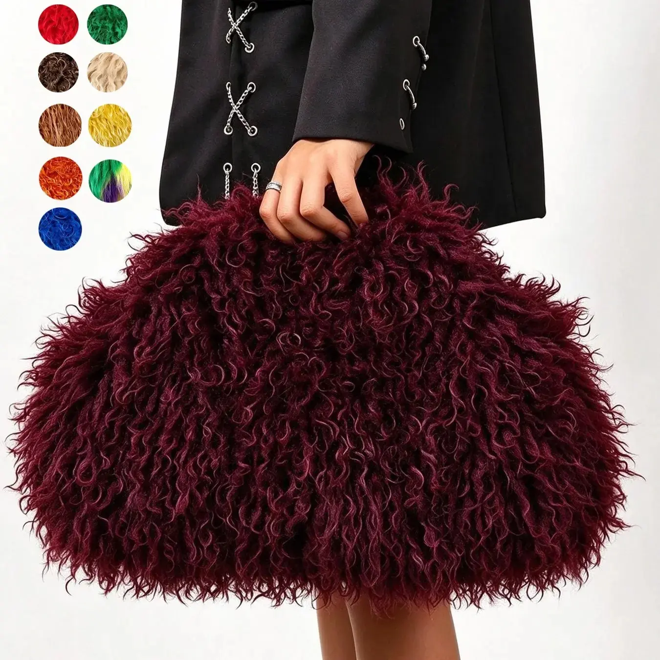 Curved lazy clutch bag, fluffy curly three-dimensional appearance, loose bag body can hold mobile phone cosmetics, retro lazy style, women's dinner handbag, suitable for young girls' dates, shopping, holiday gatherings, versatile bag with atmosphere