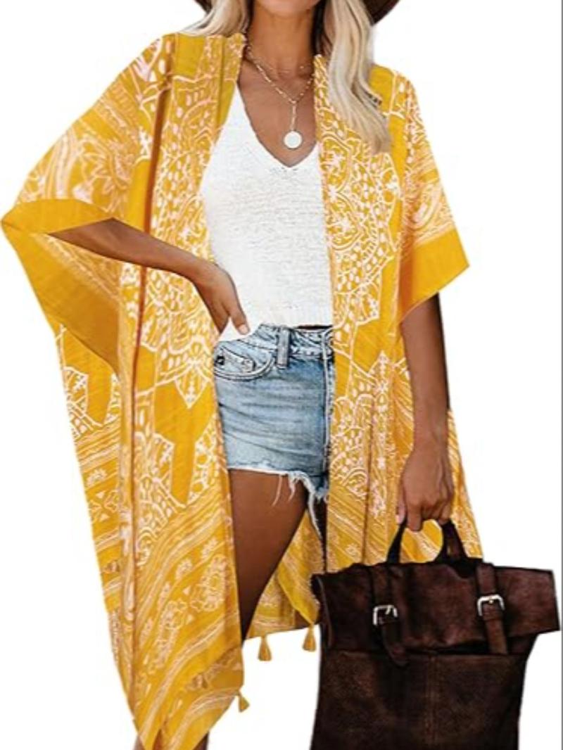 Women's Ethnic Pattern Fringe Trim Kimono Cover Up, Boho Batwing Sleeve Open Front Cover Up, Ladies Summer Clothes for Beach Holiday Vacation, Beach Cover Ups, Swimwear Cover Up