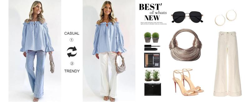 Imily Bela Womens Off The Shoulder Tops Puff Long Sleeve Tie Front Loose Fit Ruffle Shirts Blouses