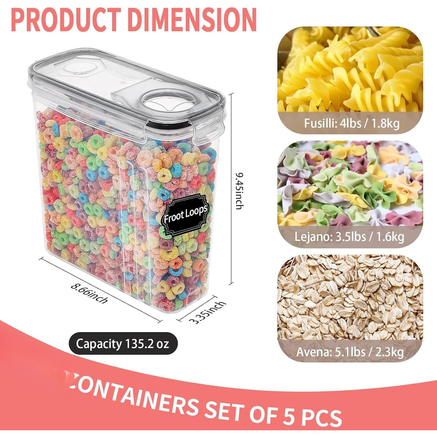 PLL Large Dry  Storage Containers with Lids, 6 count Airtight Cereal Containers Storage Set, Leak-proof Canister Set for Kitchen Pantry Organization with 20 Labels & Marker (4L Black)