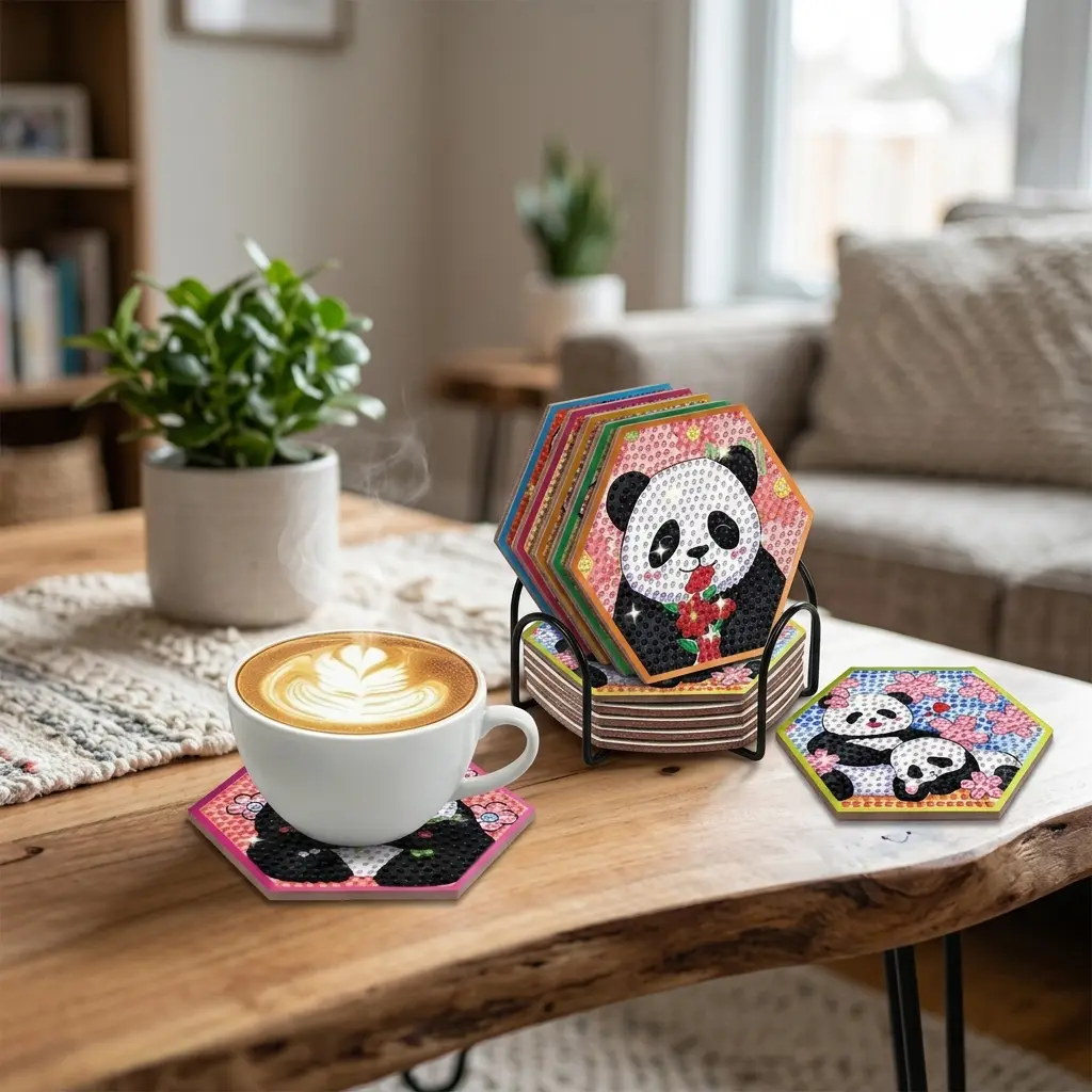 8 Pcs Panda Diamond Painting Coaster Set, Hexagon DIY Cup Mats with Holder for Coffee Drinks