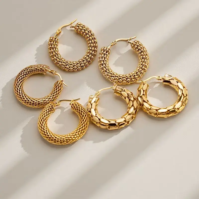 Women's 3-Piece Gold-Tone Stainless Steel Snake Scale Textured Bamboo Style Statement Textured Hoops Non-Natural Crystal Earrings, Green, Snake Scales, Modern Twist, Party Ready