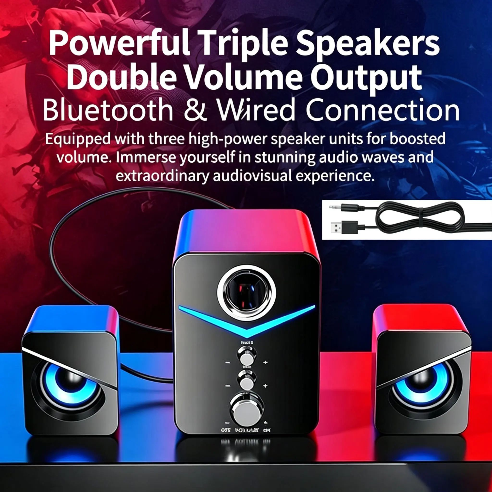 Computer Gaming Speaker Set, Computer Speakers for Desktop PC, 3-Channel Bass Reflex, 9D Surround Sound, Adjustable Treble/bass, Blue Ambient Light, USB Powered, 3.5mm Jack, Desktop Speakers