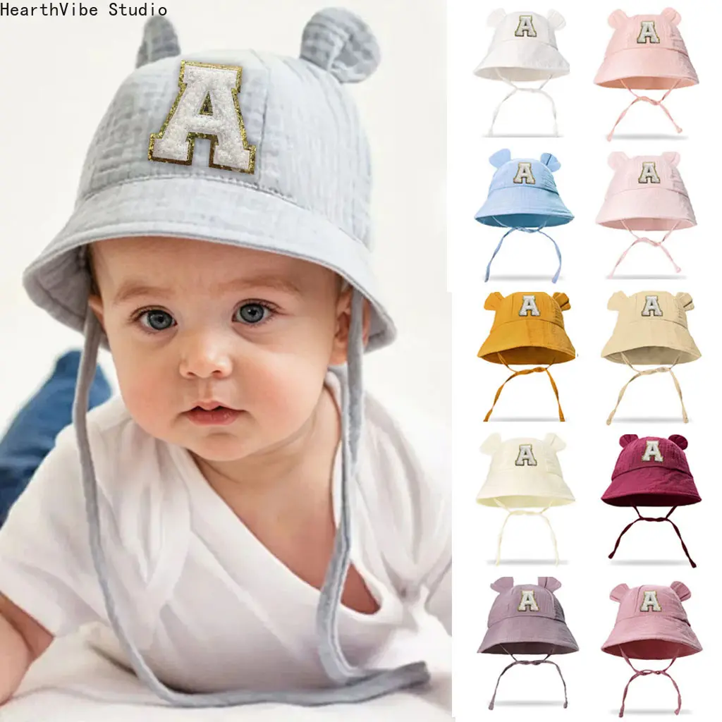 Cute Alphabet Letter A Sun Hat, Bear Ears Muslin Bucket Bonnet, Adjustable Soft Cotton  Beanie Hospital Cap for Newborn Boys Girls, Summer Outdoor Beach Travel Gift
