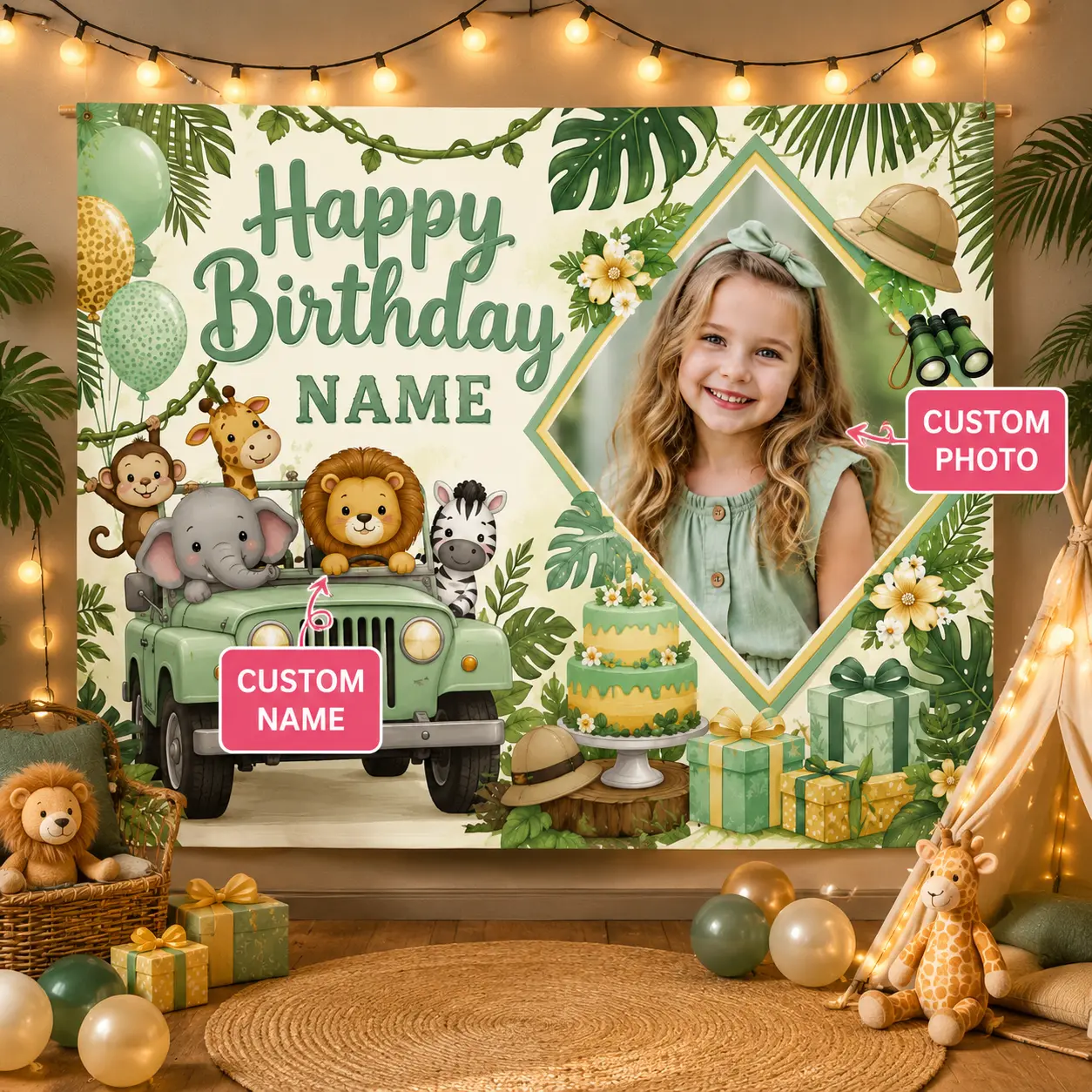 Custom Jungle Birthday Backdrop Personalized Photo Banner Safari Animal Theme Party Decoration Fabric Wall Tapestry