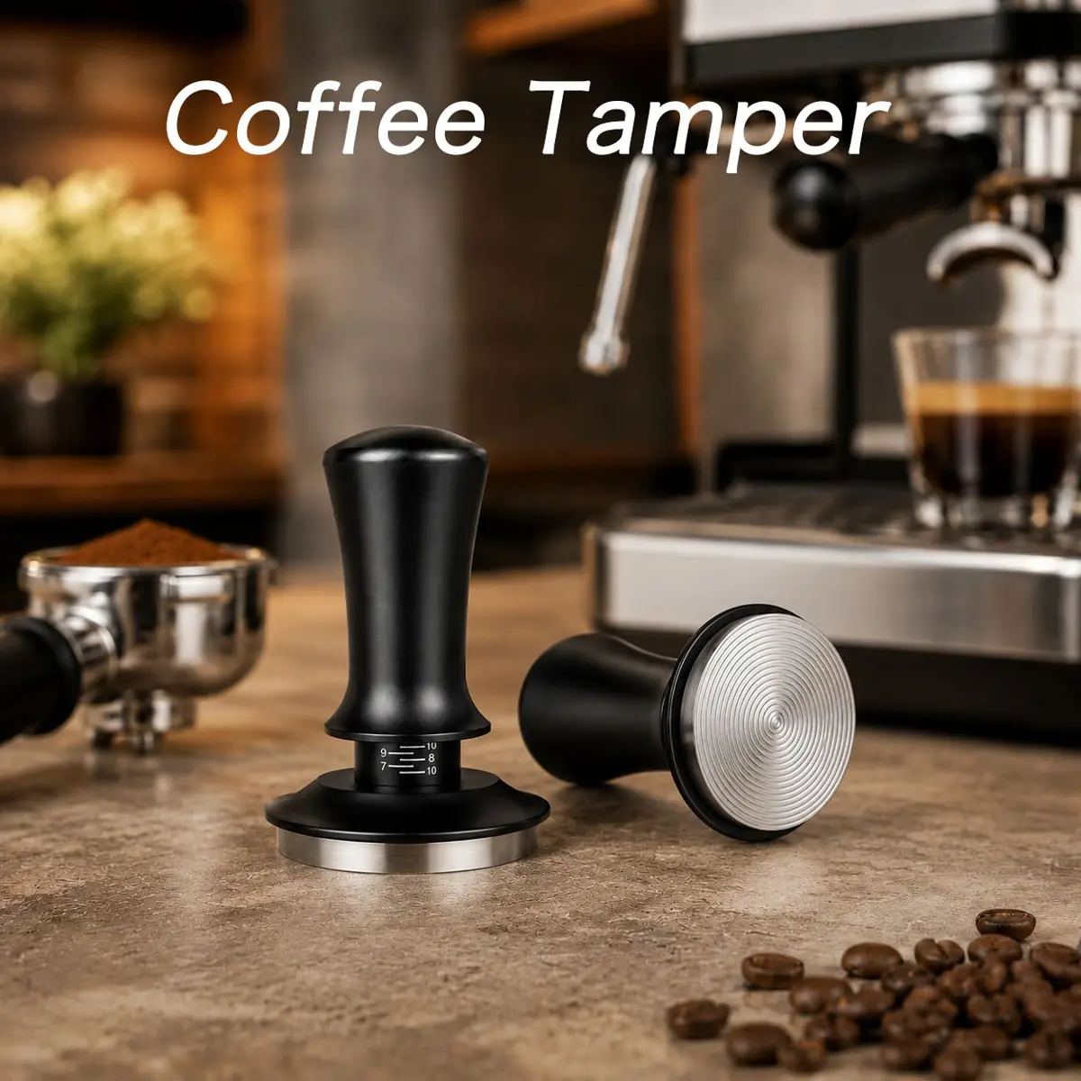 1PCS Stainless Steel Coffee Tamper Hammer, Adjustable Depth 51/53/58mm, Aluminum Alloy Case, 304 Stainless Steel Base, Espresso Machine Accessory