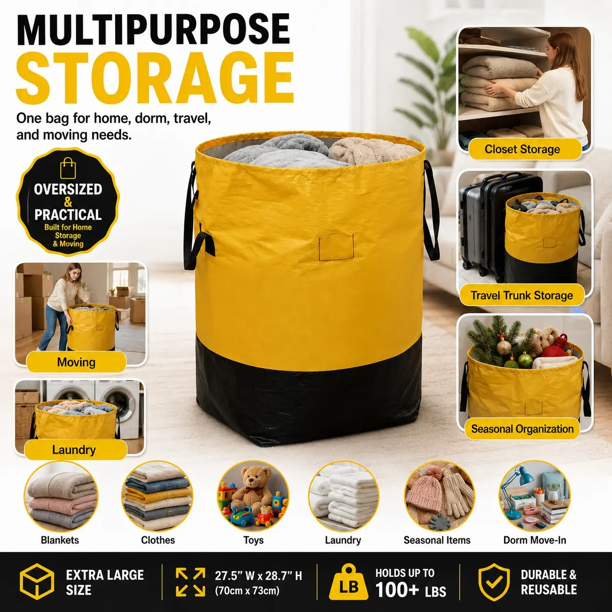 Extra Large Moving & Storage Bag, 20.1 x 20.1 x 28.3 in Heavy-Duty Foldable Tote with Reinforced Carry Handles, Oversized Organizer for Bulky Comforters, Clothes, Laundry, Dorm Move-In, Closet, Car Trunk & Home Organization, Reusable Box Alternative