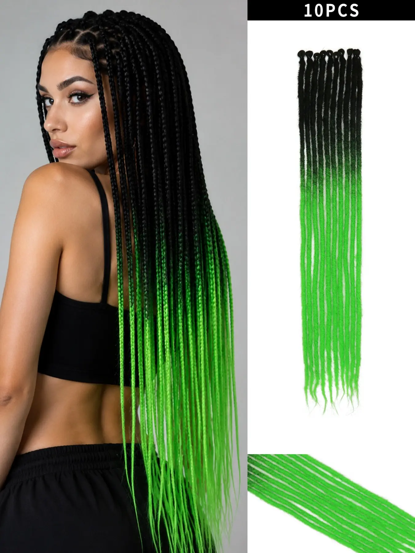 24-Inch Dreadlock Extensions – 10-Strand Single-Ended Synthetic Thin Hippie-Style Locs (0.6cm) – Black-to-Green Ombre – Handmade SE Soft Locs – Unisex – Suitable for Christmas, Carnival, and Music Festivals – Hair Extensions