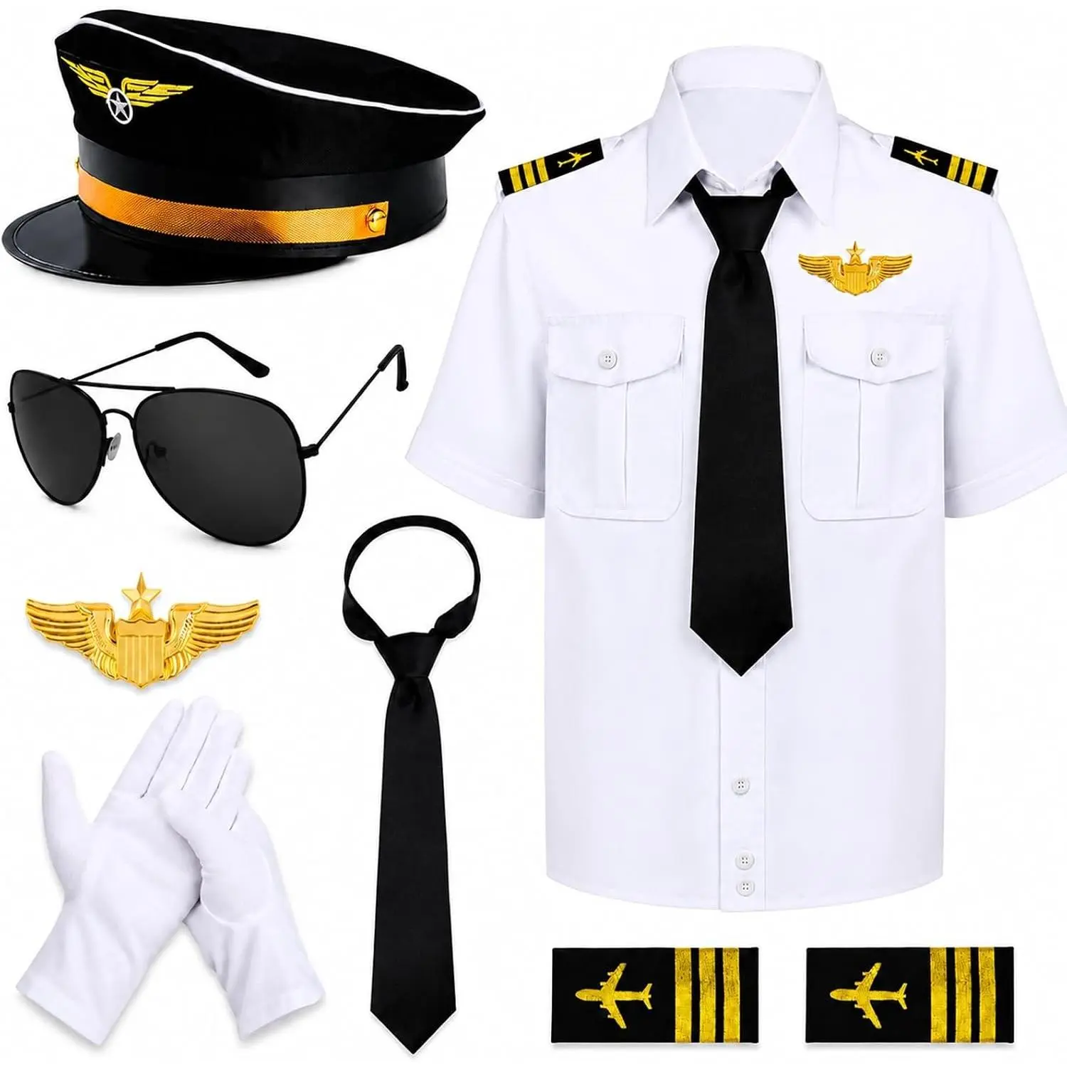 Airline Pilot Captain Costume for Adults with Shirt, Pilot Hat, Tie, Sunglasses & Badge - Aviator Dress Up Set(Gift)