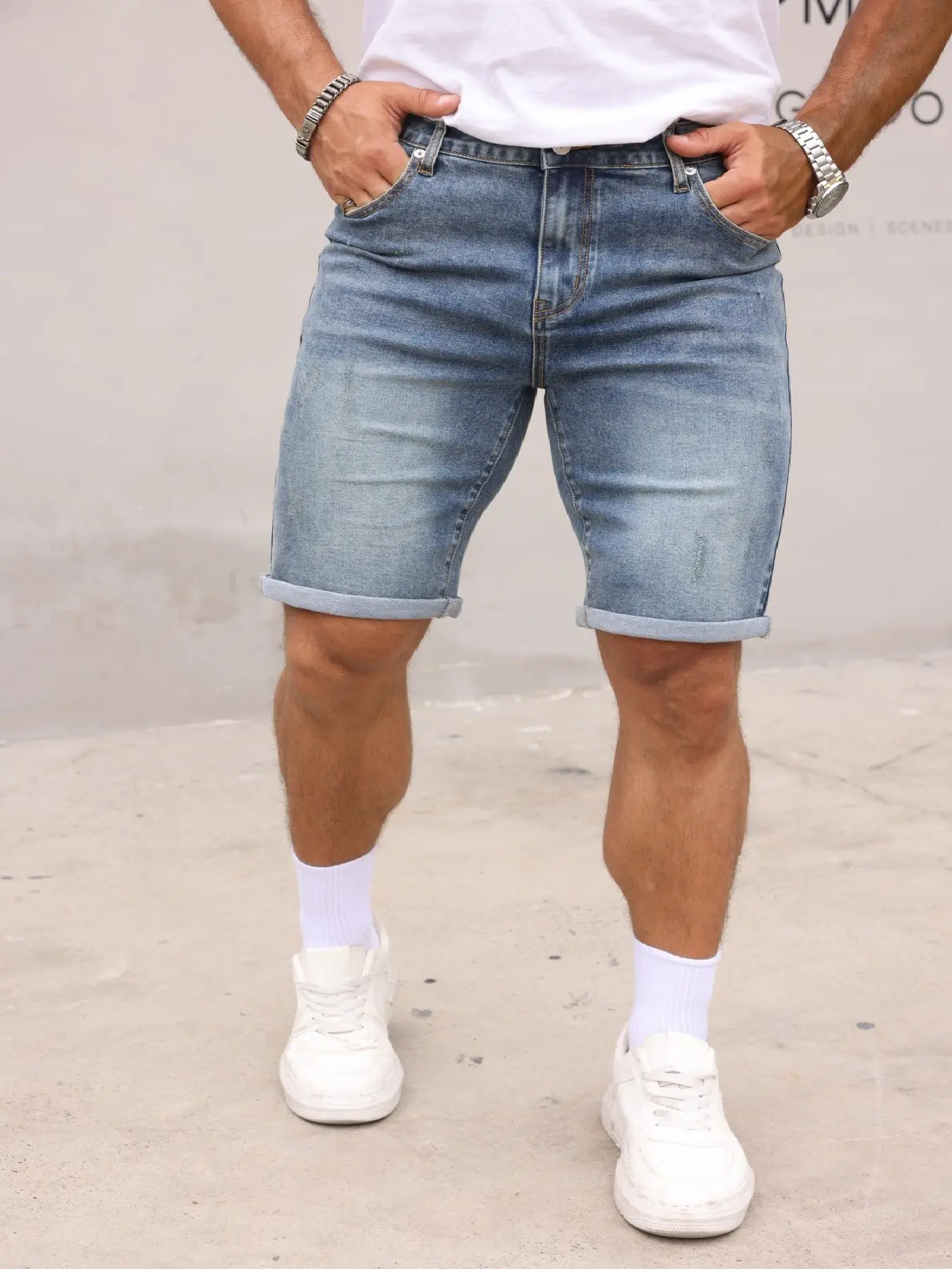 High-Quality Elastic Men's Denim Shorts, Snowflake Wash Process, Slim Fit, Perfect for Casual Outing, Comfortable and Stylish