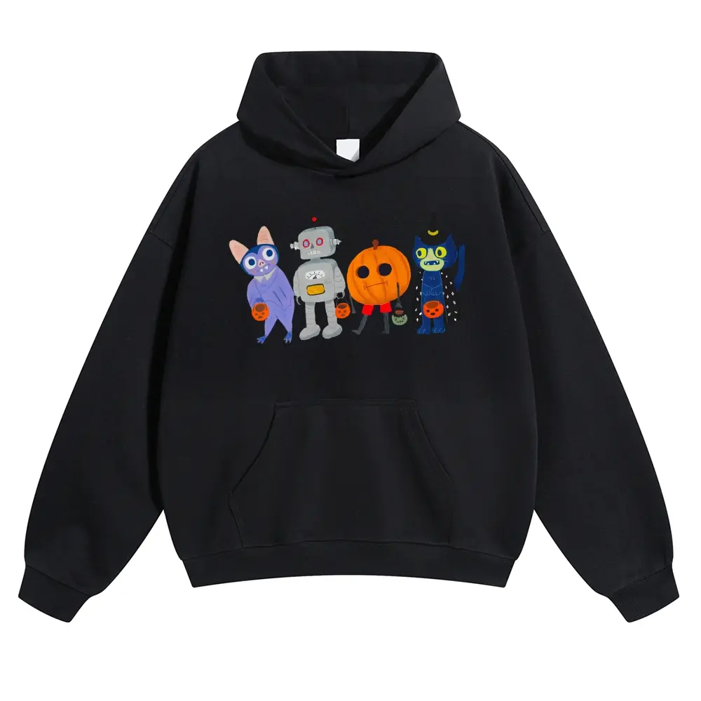 Unisex Halloween Squad: Bat, Robot, Jack-o'-lantern, Black Cat Witch Graphic hoodie Personalized Pattern Y2k Clothing Round Neck hoodie,Women's Clothing, Menswear, Top, Vintage Style,Summer Casual Oversized