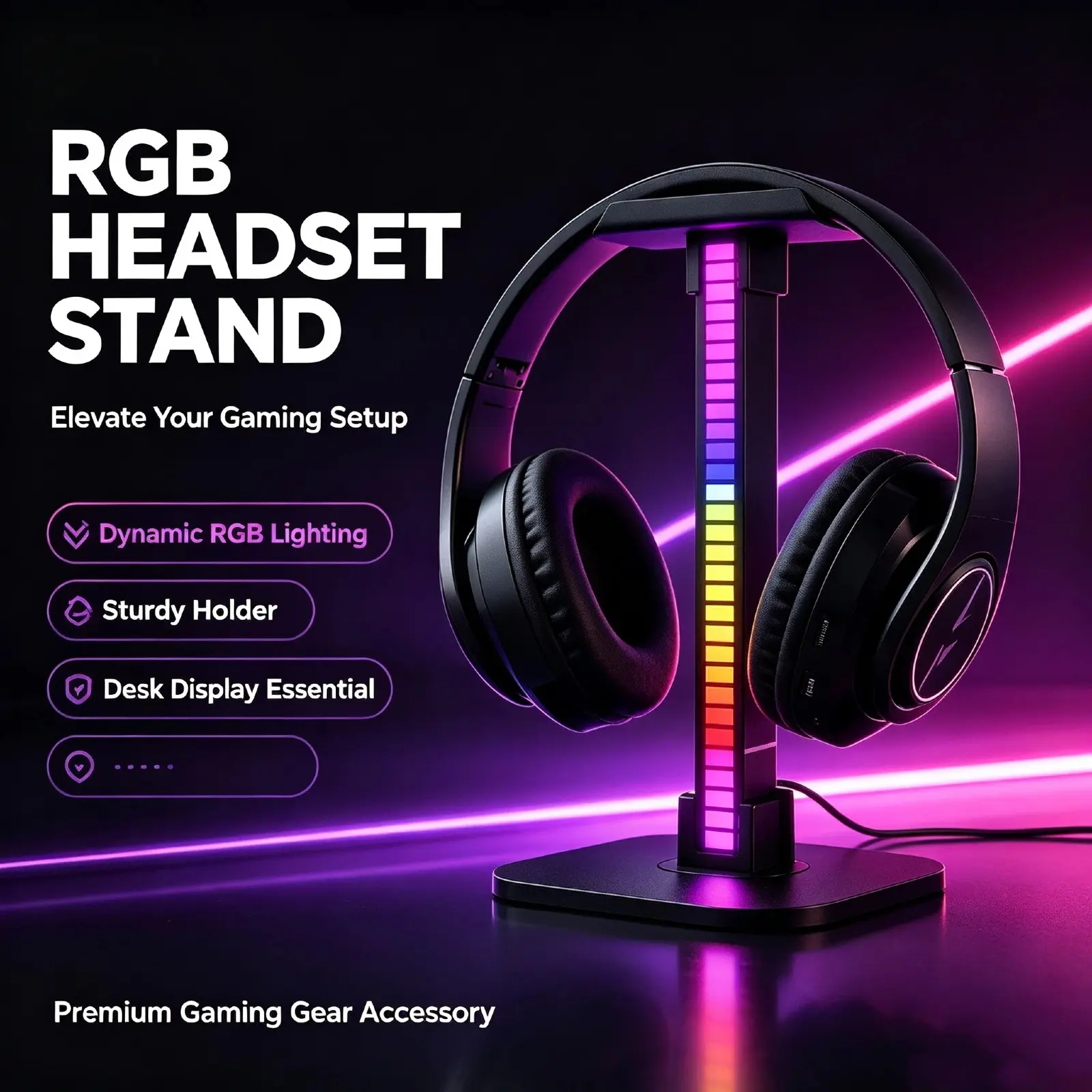 Dynamic Gradient Headphone Stand - RGB Game Headset Desk Display Holder, LED Base USB Pickup Light, Headset Support Bracket