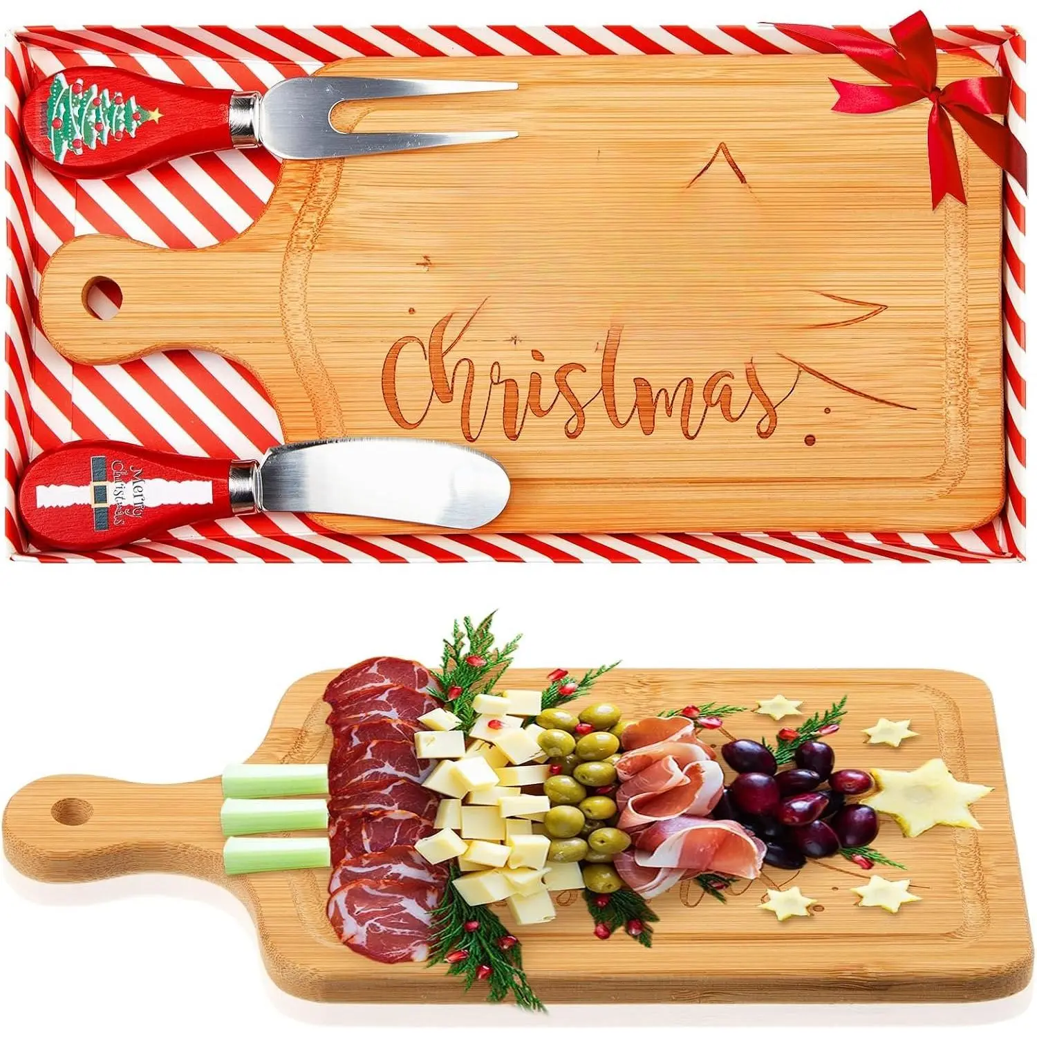 1 Set Christmas Cheese Board and   Set, Wooden Small Charcuterie Board Mini Xmas Holiday Serving Tray for Party Appetizers  Decoration (Square)