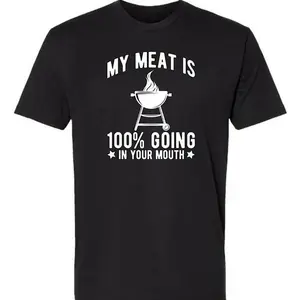 Unisex my meat goes into your mouth - fun barbecue theme, same black short-sleeved T-shirt for men and women, golf gift T-shirt for men and women