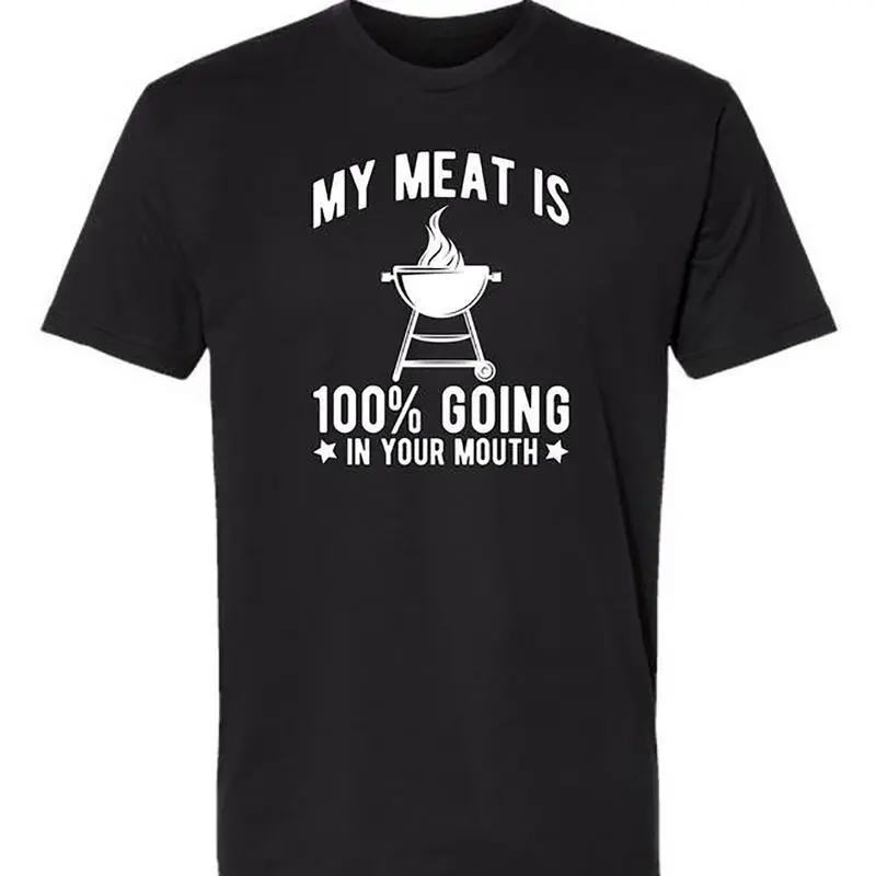 Unisex my meat goes into your mouth - fun barbecue theme, same black short-sleeved T-shirt for men and women, golf gift T-shirt for men and women