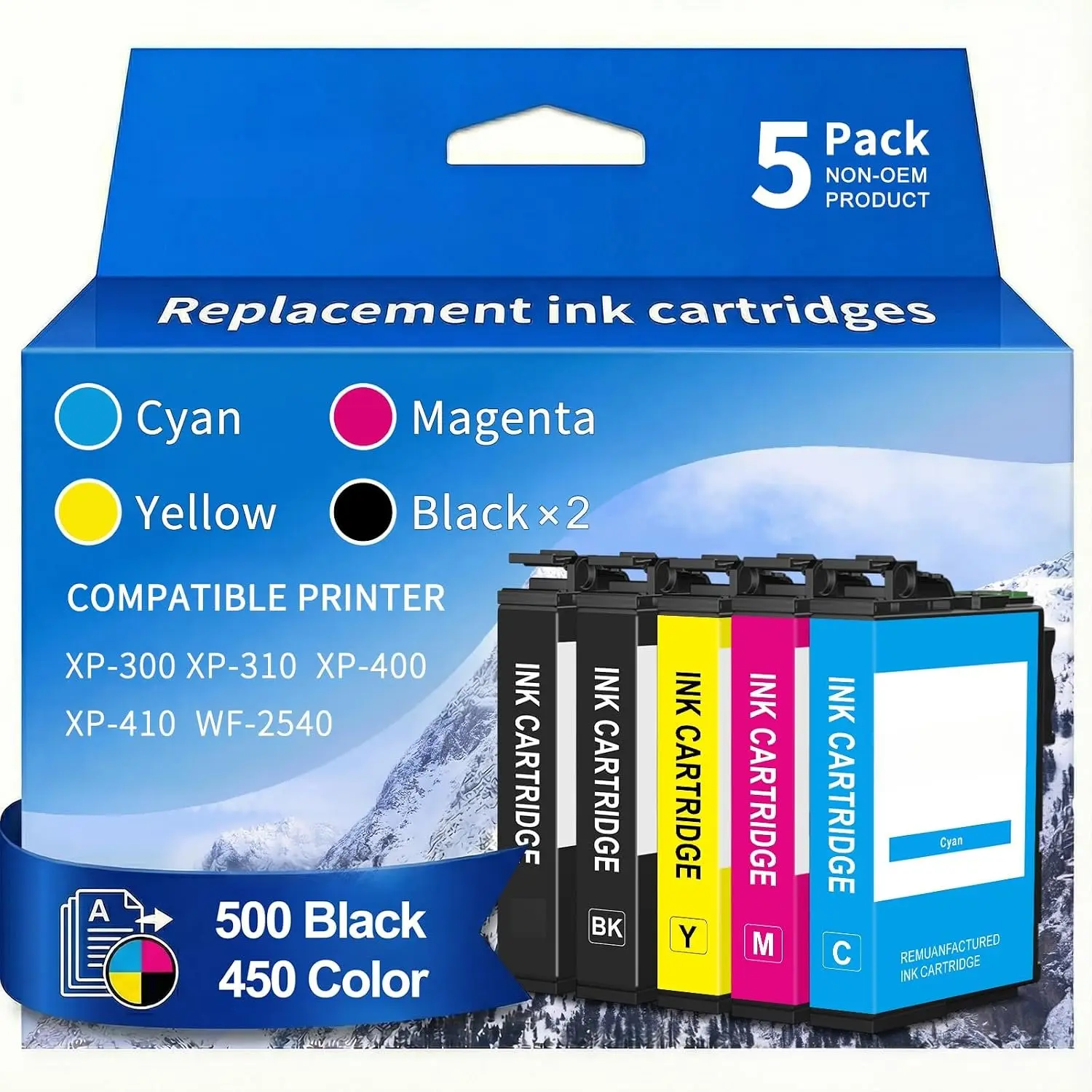 Remanufactured Ink   for Epson 200XL Ink 5 Pack | Compatible with Epson 200 Ink Cartridges for Printer XP-410 WF-2540 WF-2530 XP-310 XP-400 (2Black, 1Cyan, 1Magenta, 1Yellow)