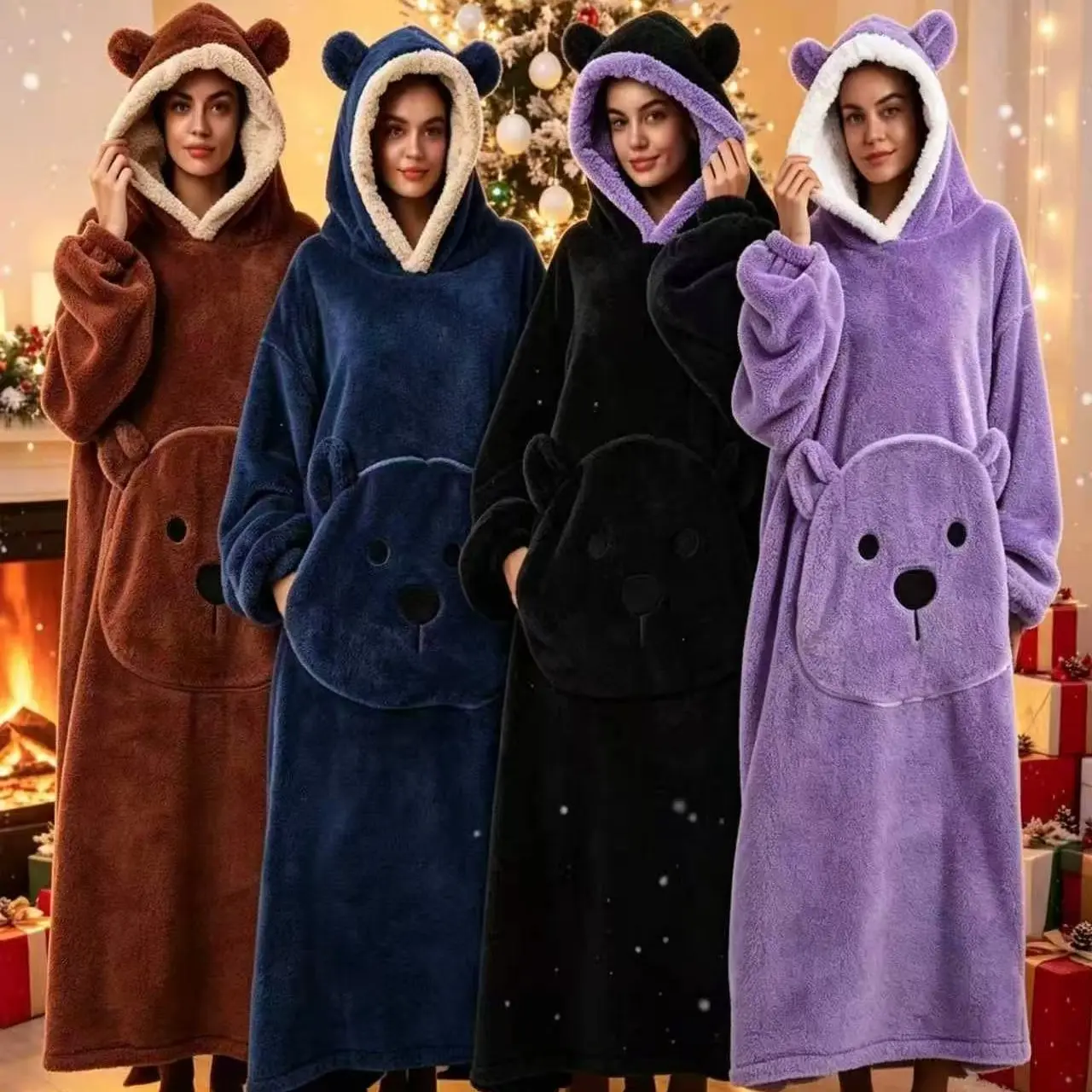 Bear Pocket Wearable Blanket, Plus Size Thickened, Hooded, Large Pockets, Unisex, Homewear, TV Blanket, Couple Loungewear, Gift Idea