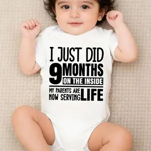 Baby Jumpsuit "I Just Made 9 One Months inside" Onesie Funny Letter Print, Soft Cotton Short Sleeve SleepWear Jumpsuit, Suitable for Outdoor Breathable Expandable Shoulders Button Snaps